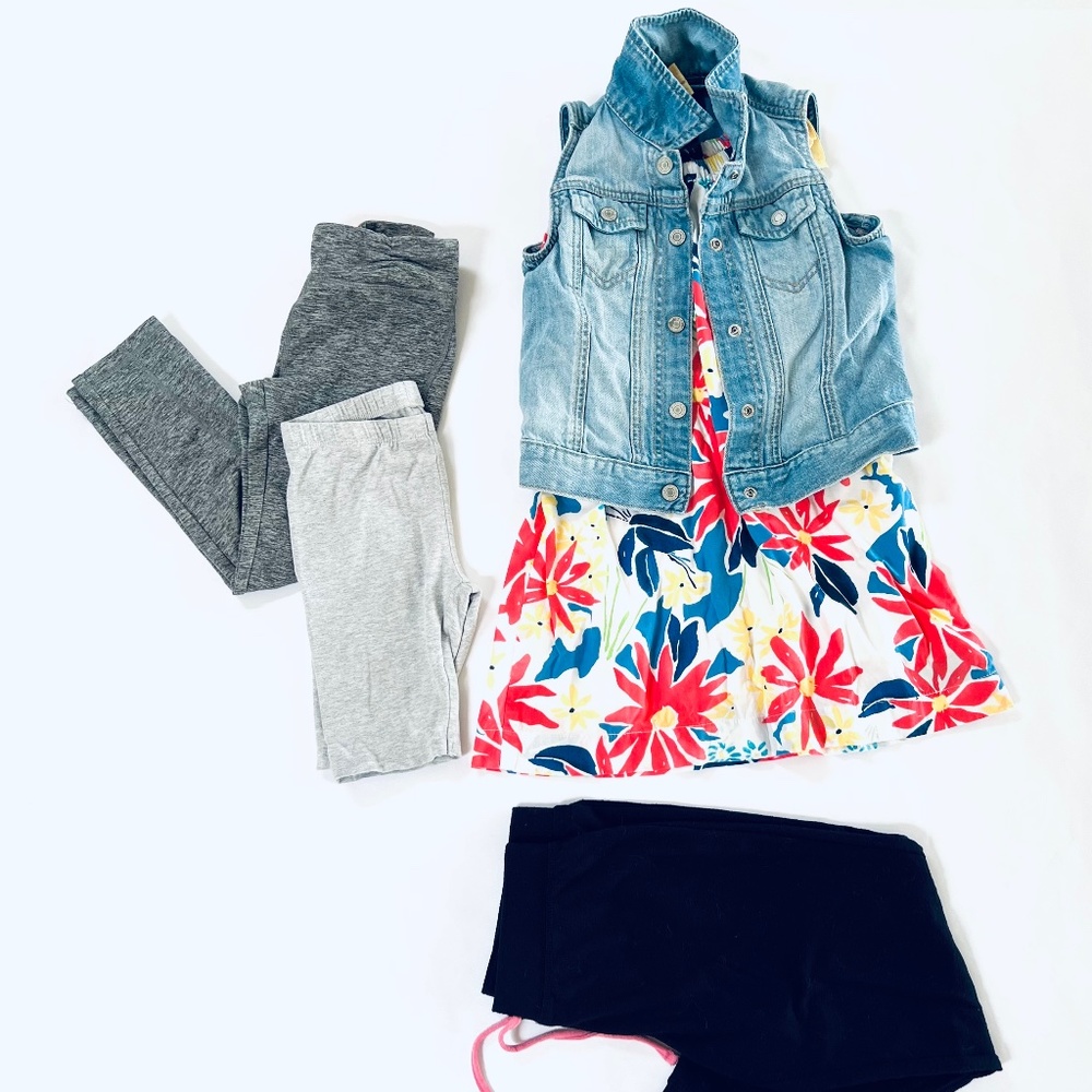 Lot of 5 Girls Gap Denim Vest Gymboree leggings Idealogy joggers dress Sz 5/6 S